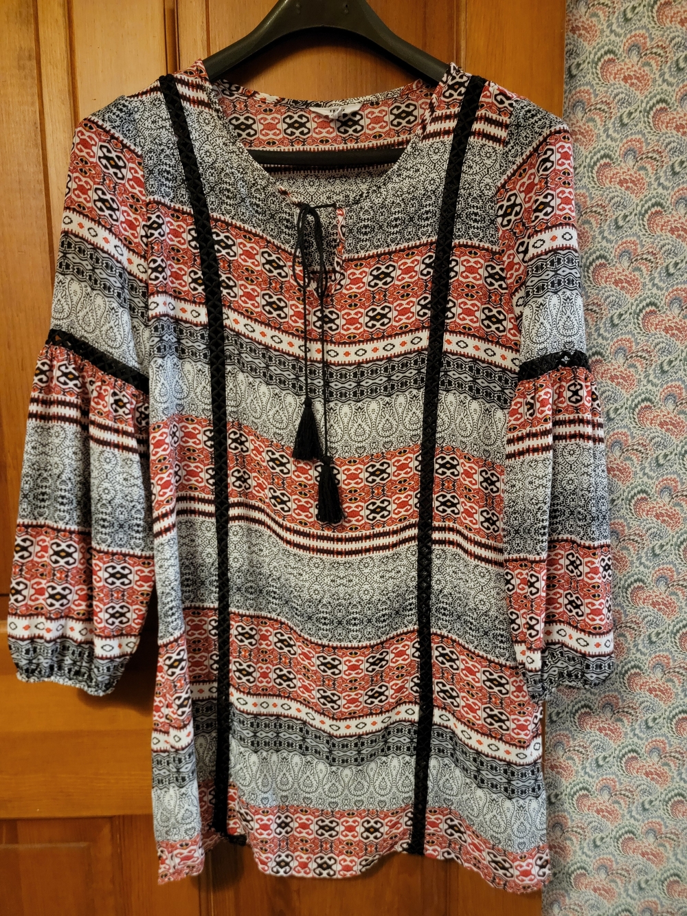 Jack by BB Dakota Boho Peasant Dress Medium Geometric Paisley Tassel Tie Tunic